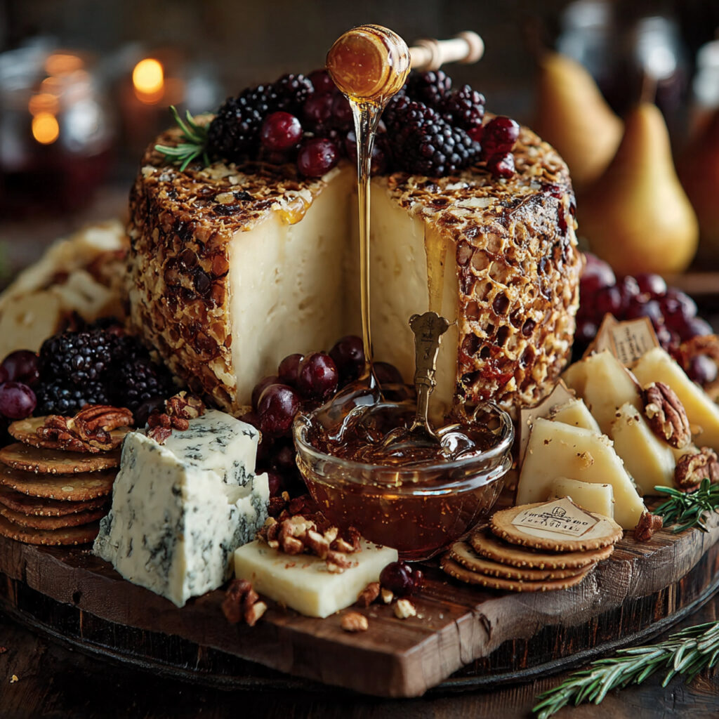 large cheese wheel centerpiece on a grazing table