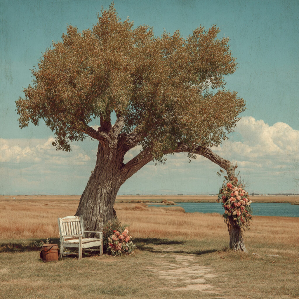 large solitary tree used as wedding backdrop