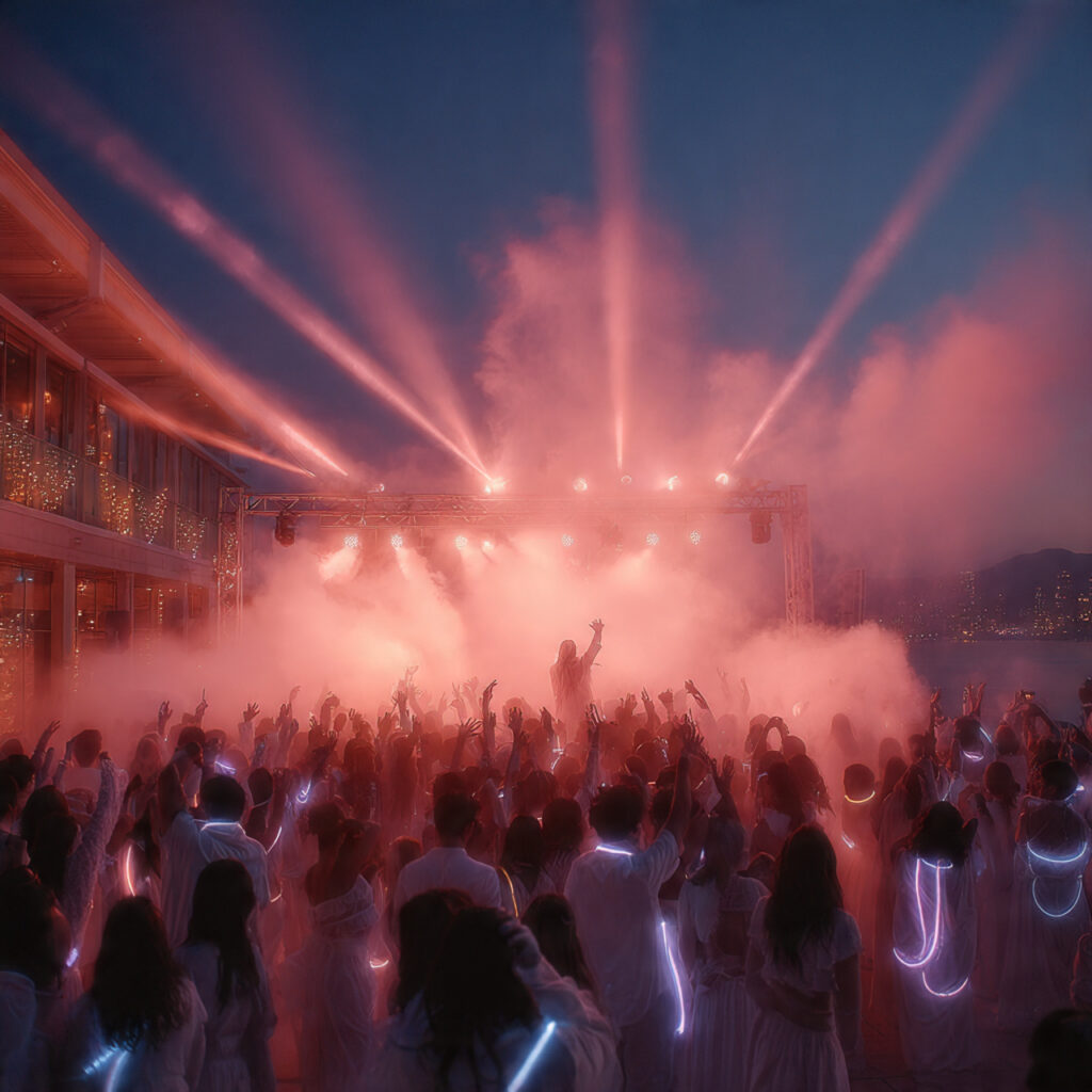 late night rave style wedding after party neon lights fog