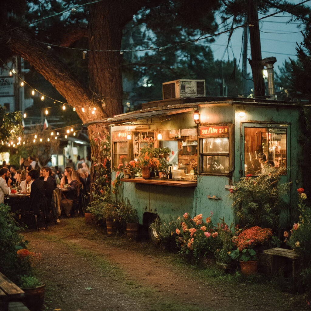 late night wedding after party with colorful food