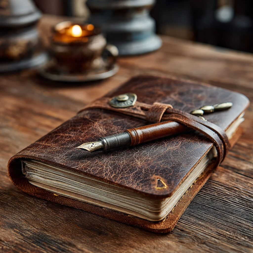 leather bound journal on a wooden table with