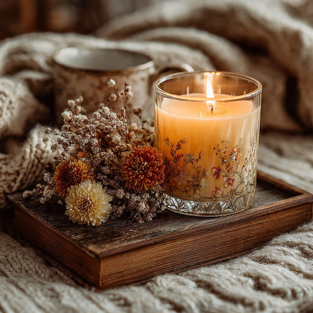 lit scented candle on a small tray