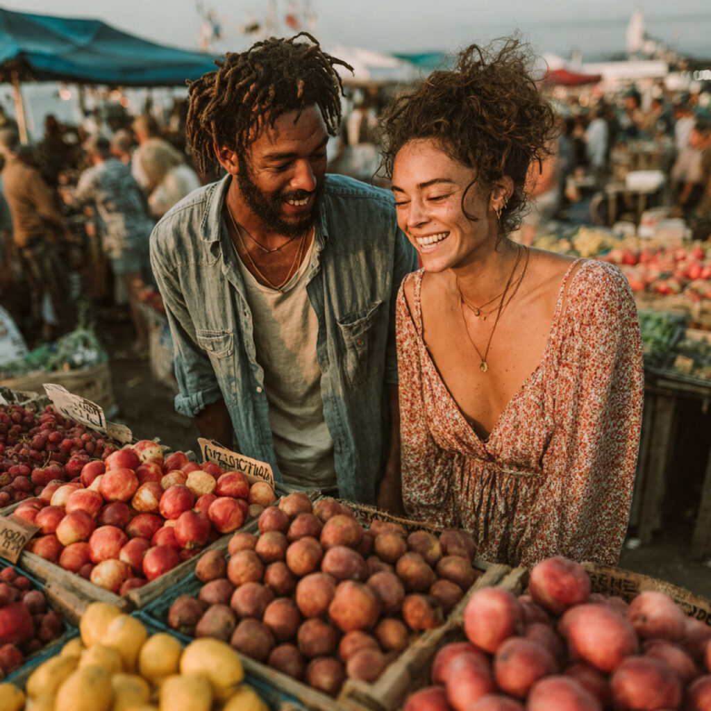 lively farmers market scene with a couple