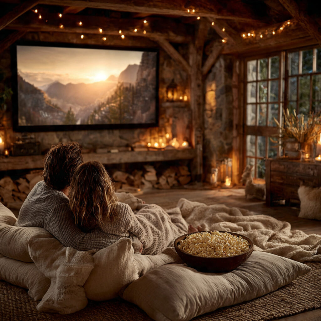 living room transformed into home theater projector