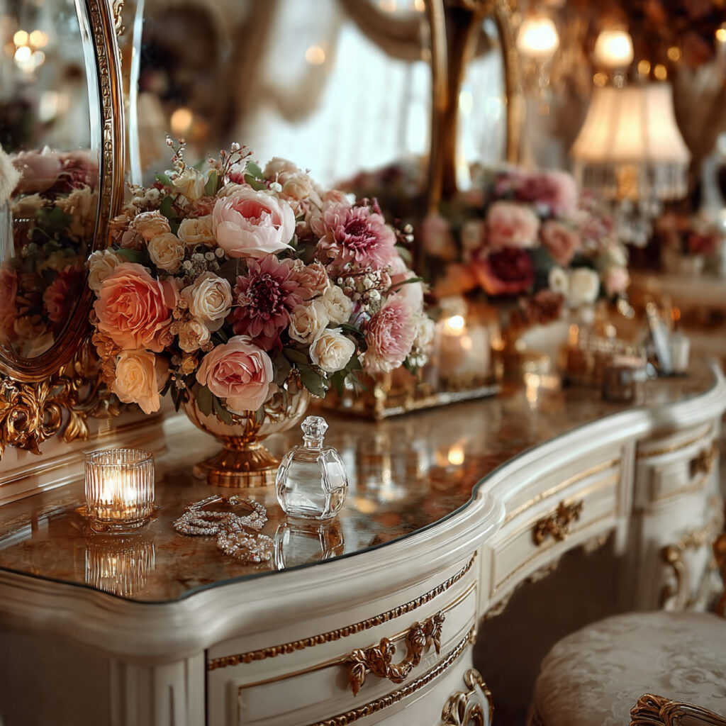 luxurious bridal suite with vanity mirrors soft