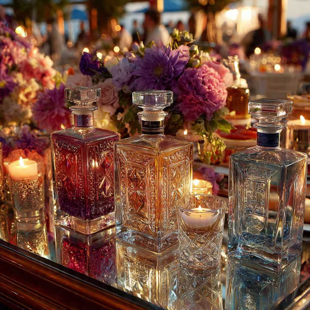 luxurious vodka table with crystal bottles shot