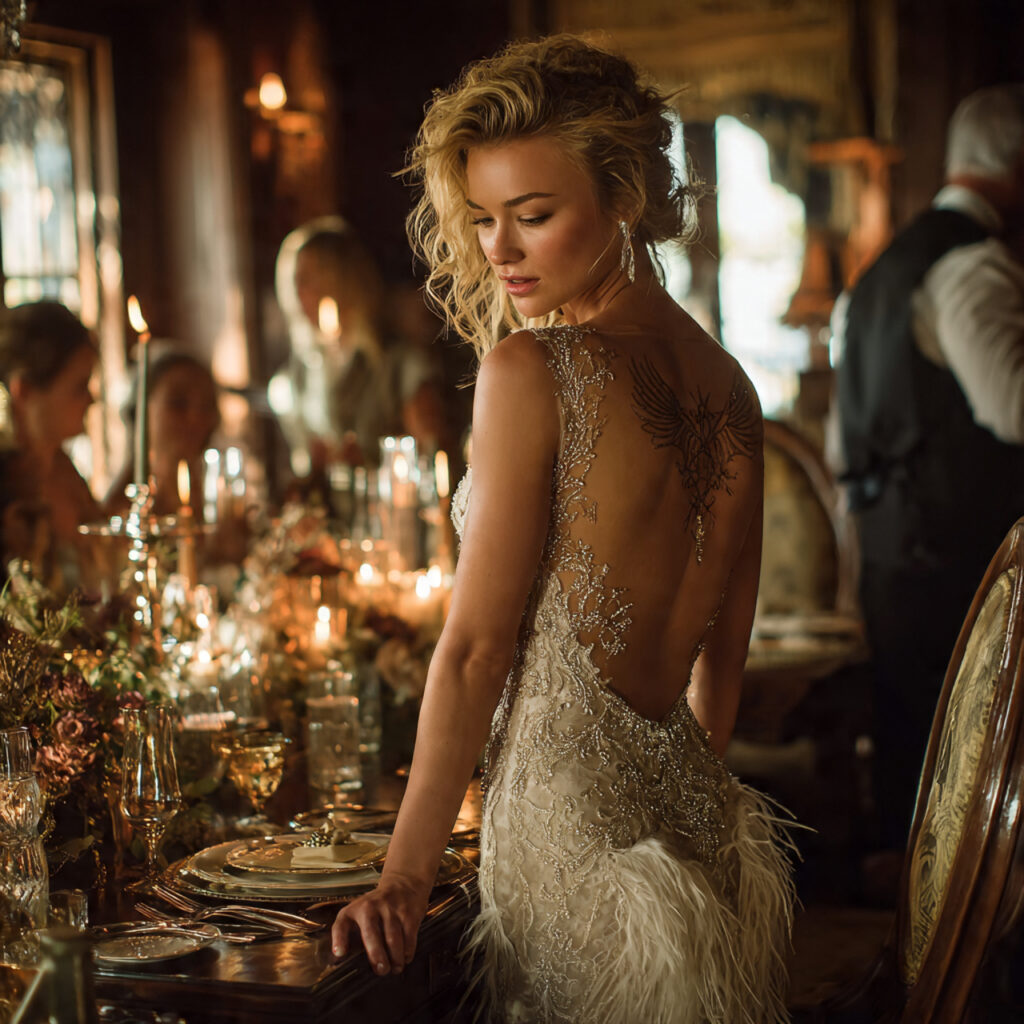 luxurious wedding gown with feather trim details