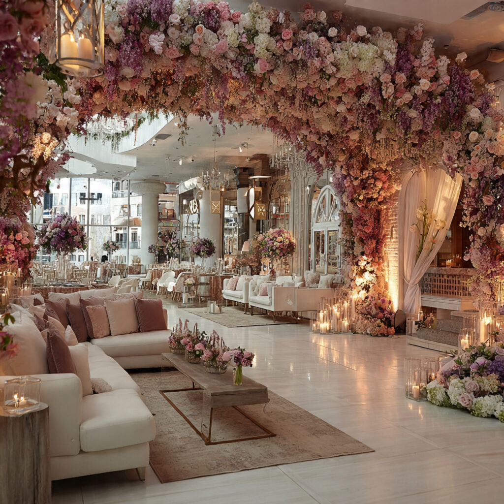 luxurious wedding stage covered with fresh roses