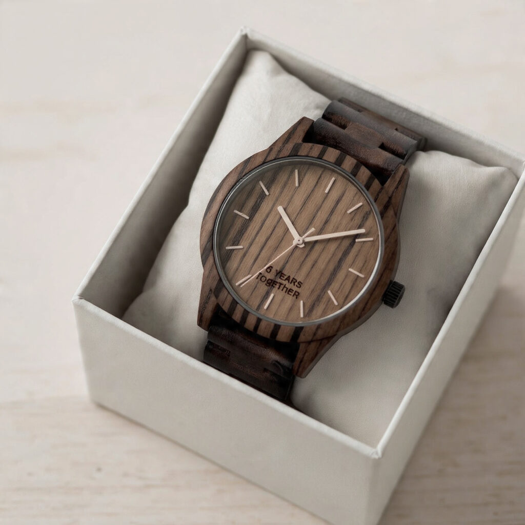 luxury handcrafted wooden watch engraved with 6