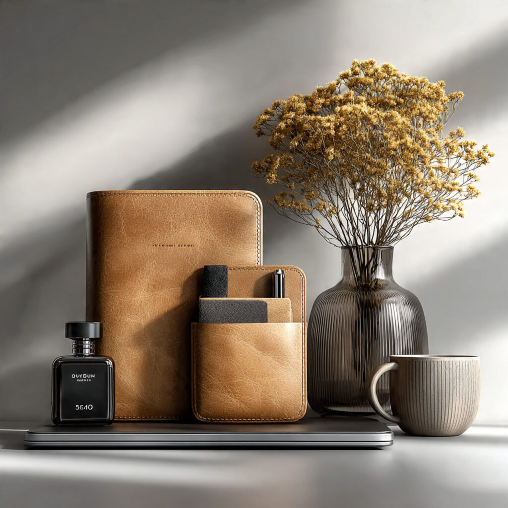 luxury leather desk organizer set on a