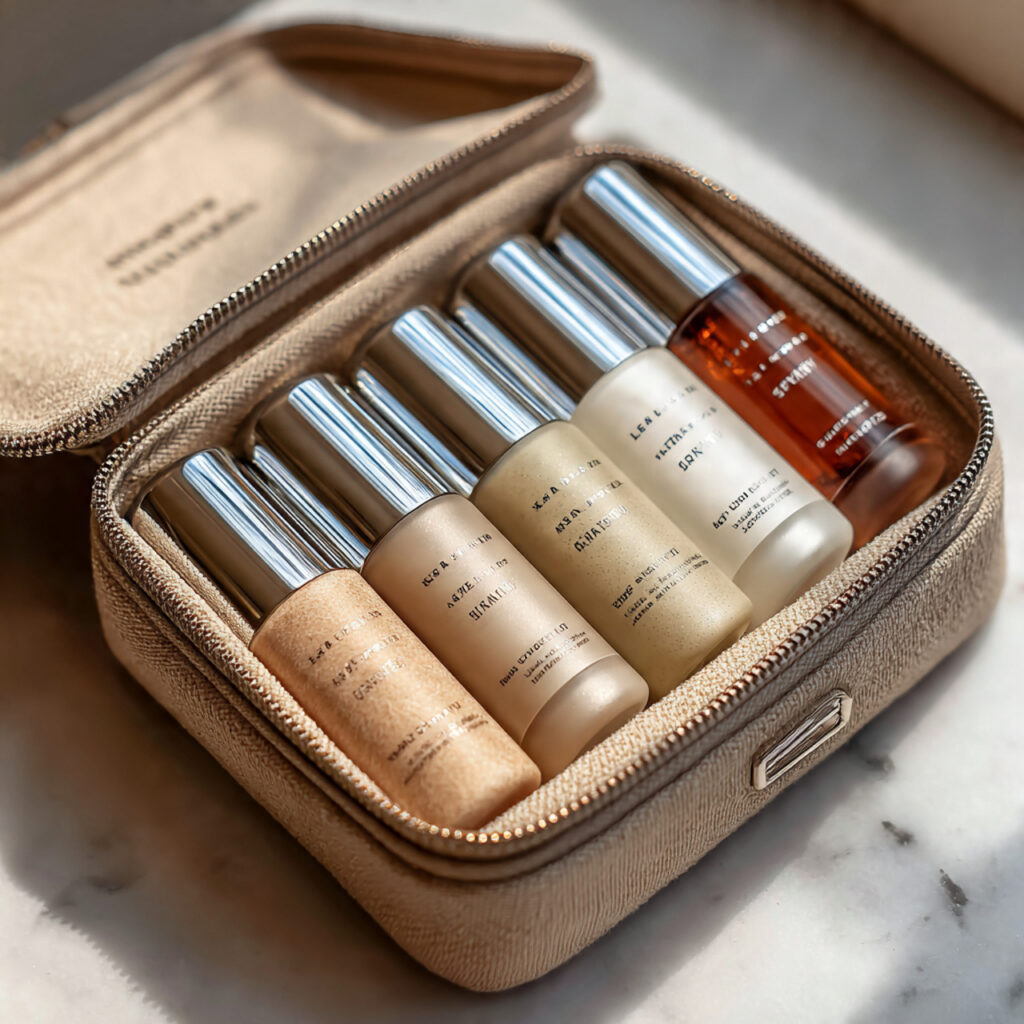 luxury travel size skincare bottles arranged neatly in