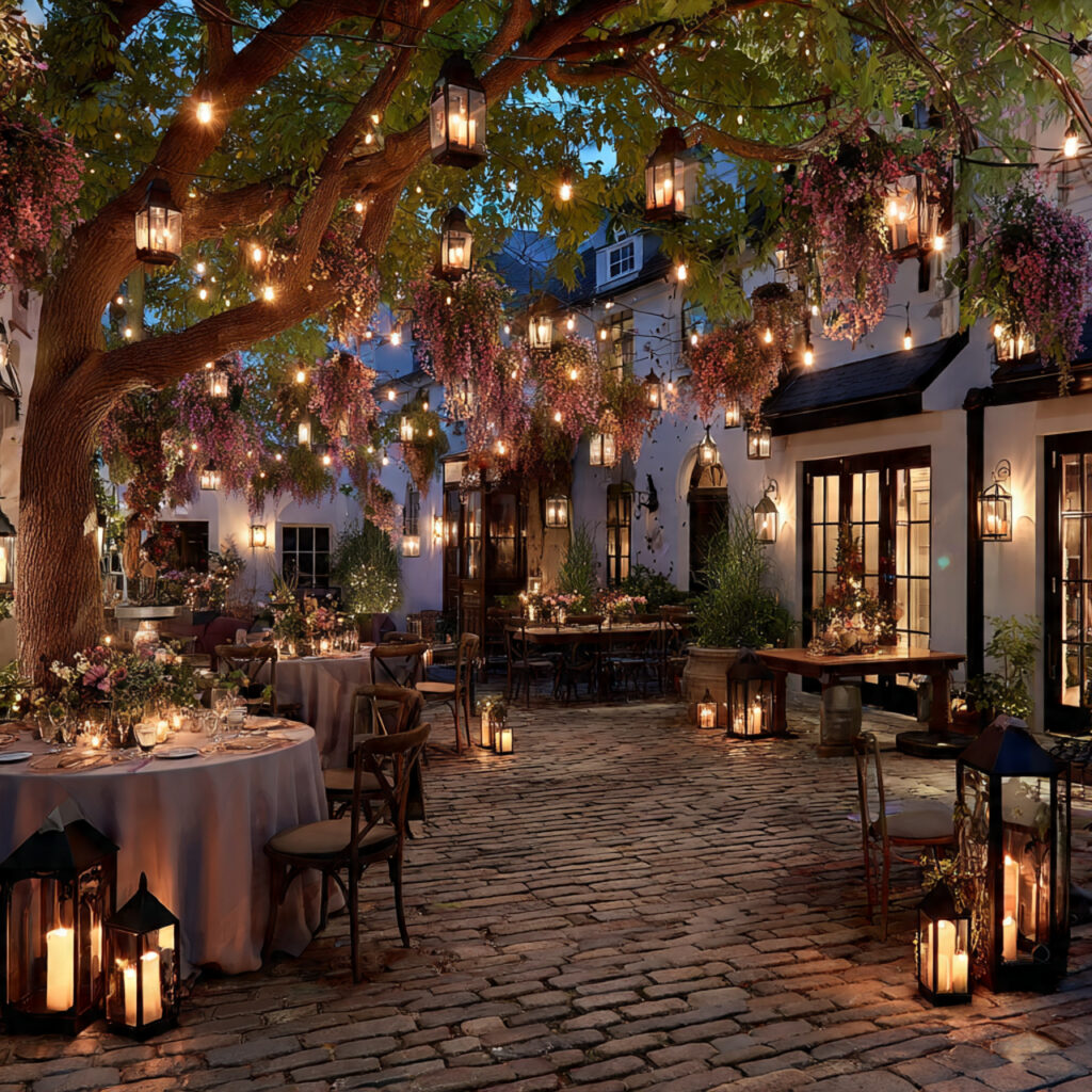 magical evening wedding reception under string lights