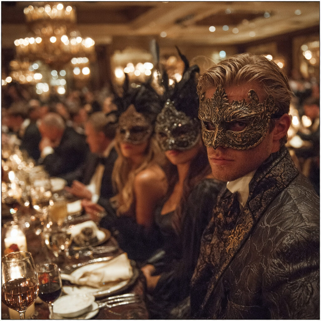 masquerade engagement party elegant ballroom guests in