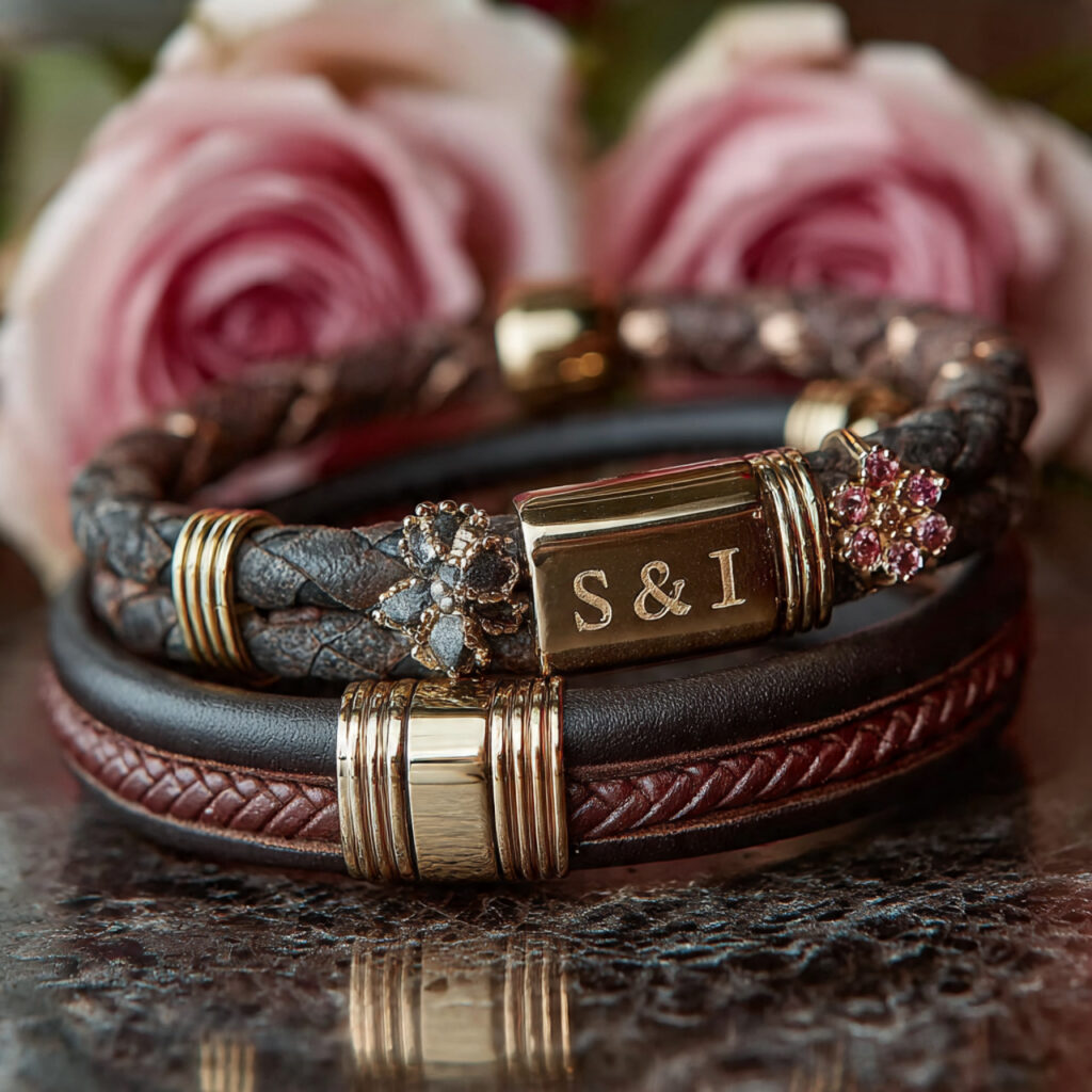 matching pair of leather bracelets with engraved