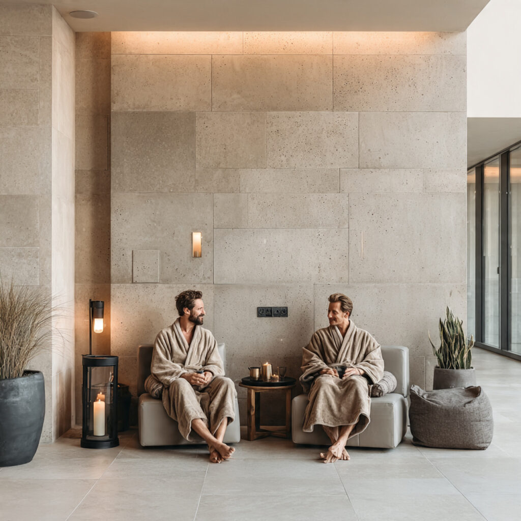 25 Bachelor Party Planning Tips & Creative Ideas for a Perfect Send-Off 22 men in spa robes relaxing in a