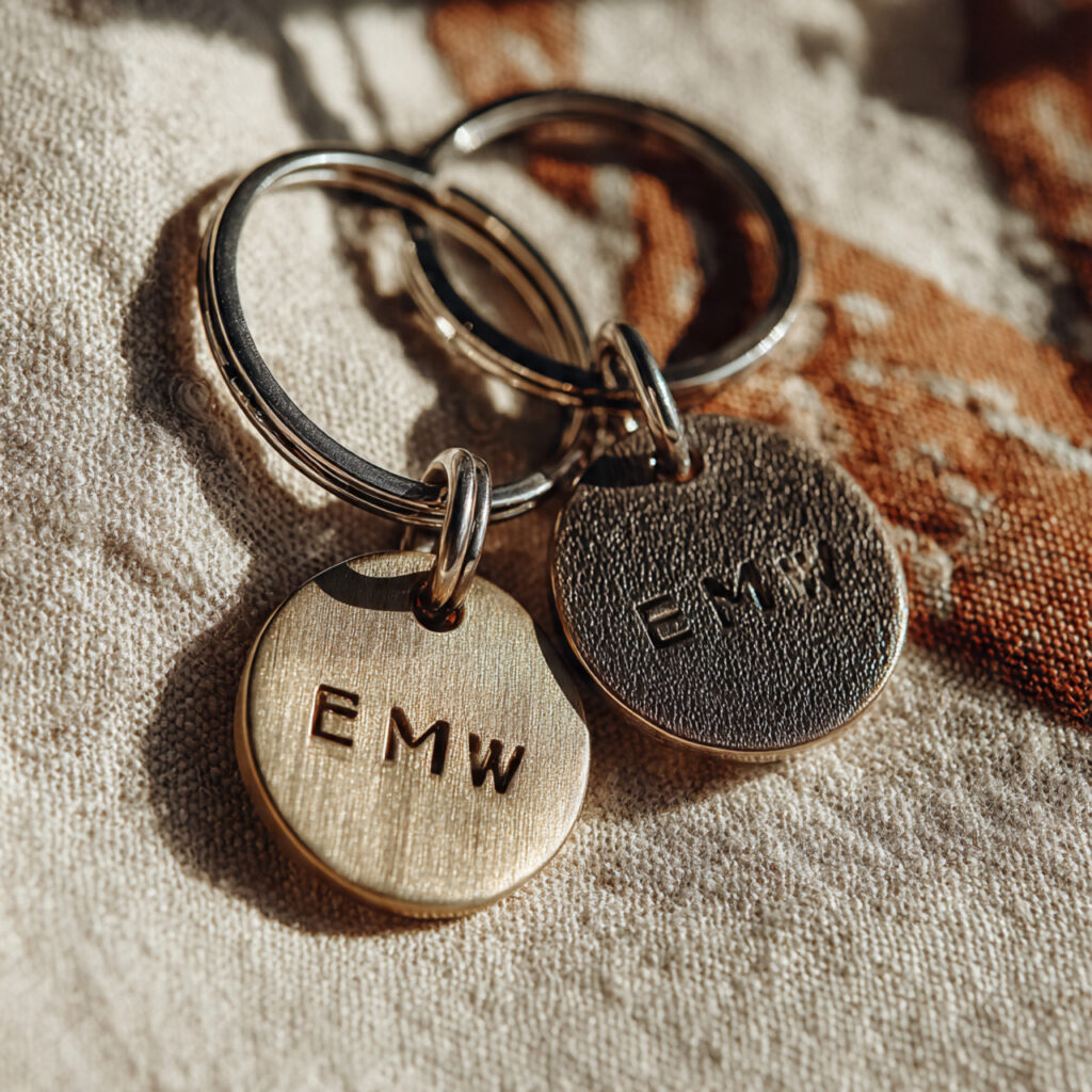 minimal metal keychains with engraved initials displayed