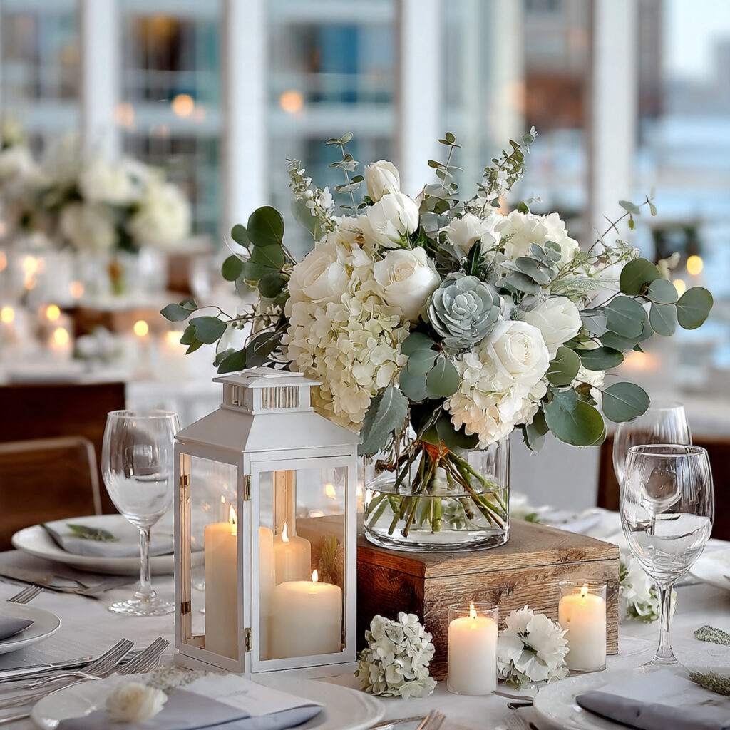 minimal white lantern centerpiece surrounded by eucalyptus