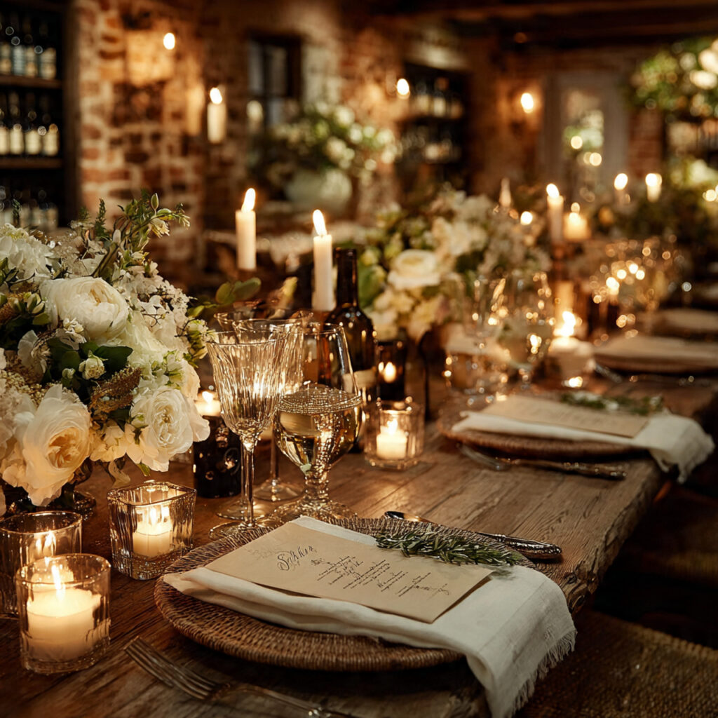 minimalist candlelit rehearsal dinner small table few