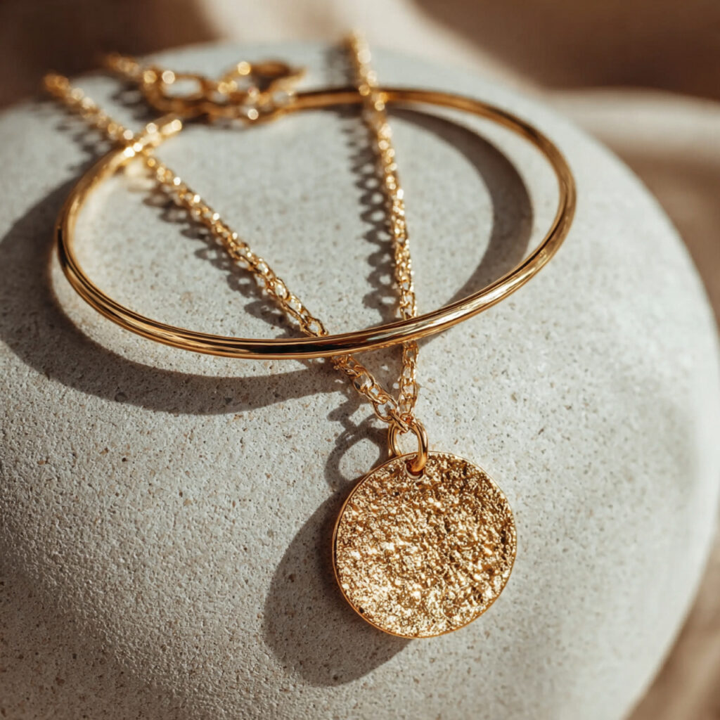 19 Meaningful 50th Anniversary Gift Ideas for a Golden Year 15 minimalist gold jewelry set thin bangle chain pendant displayed