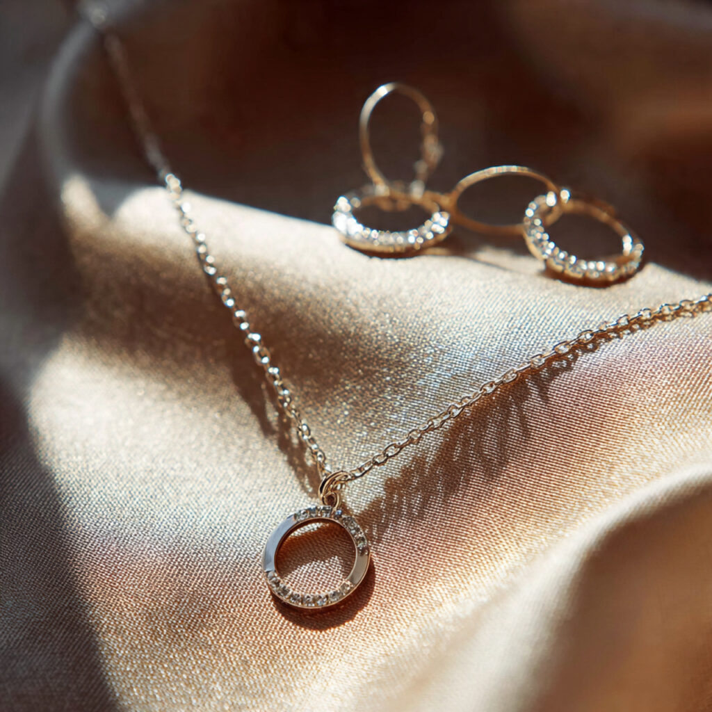 minimalist silver necklace and bracelet set on 1