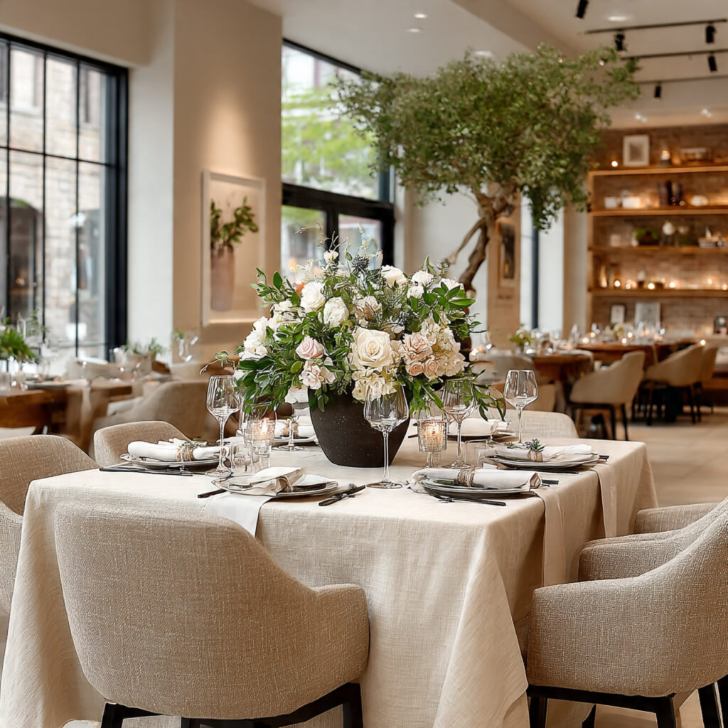 minimalist wedding reception in restaurant elegant table