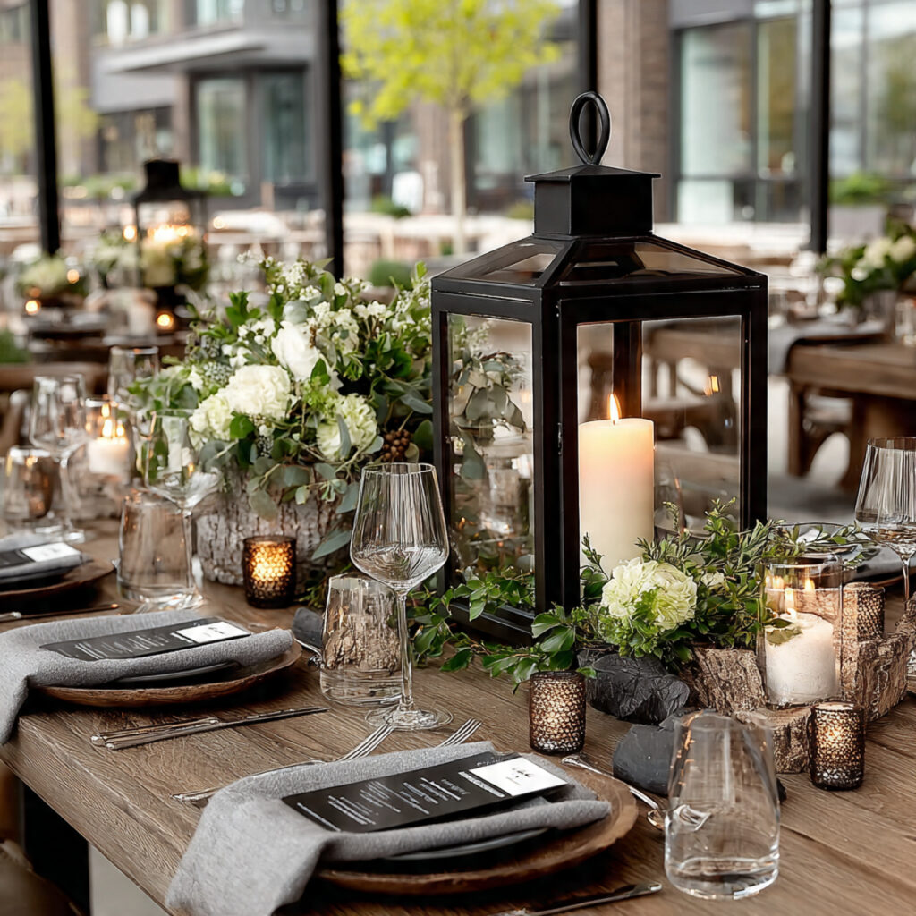 modern black frame lantern centerpiece with single pillar