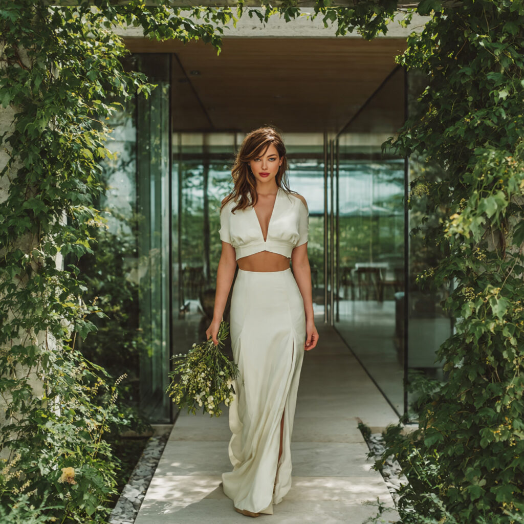 modern bride in a two piece wedding outfit