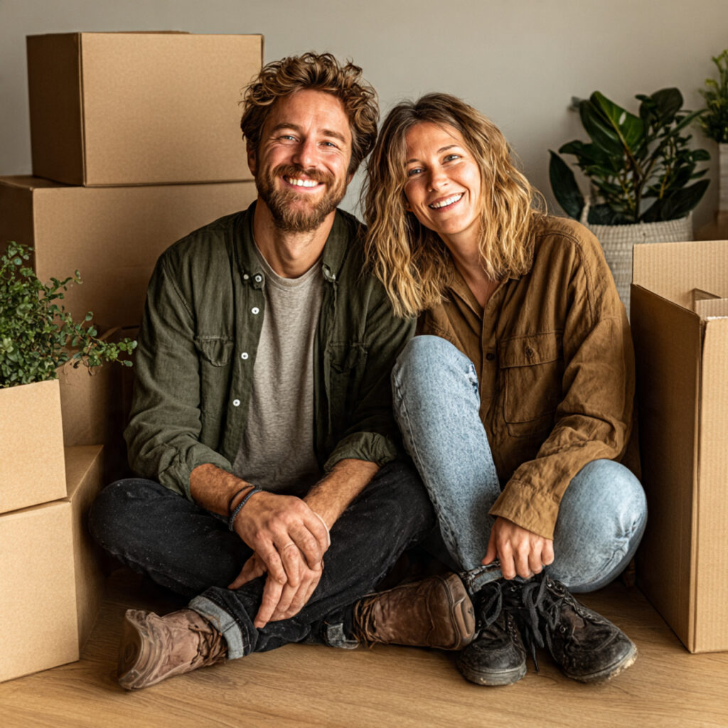 modern couple unpacking upgraded home gifts in