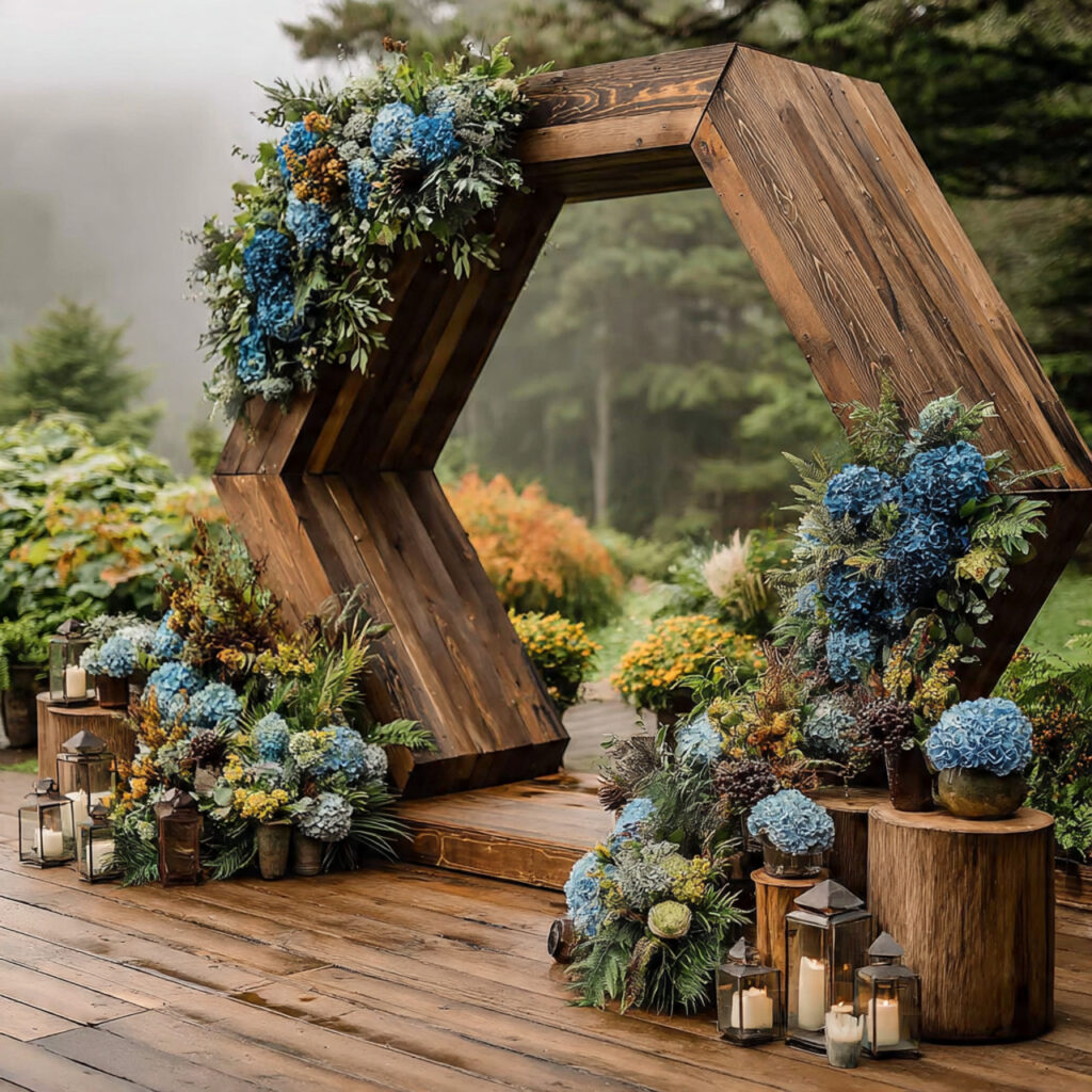 modern wooden hexagon wedding arch asymmetrical florals 1