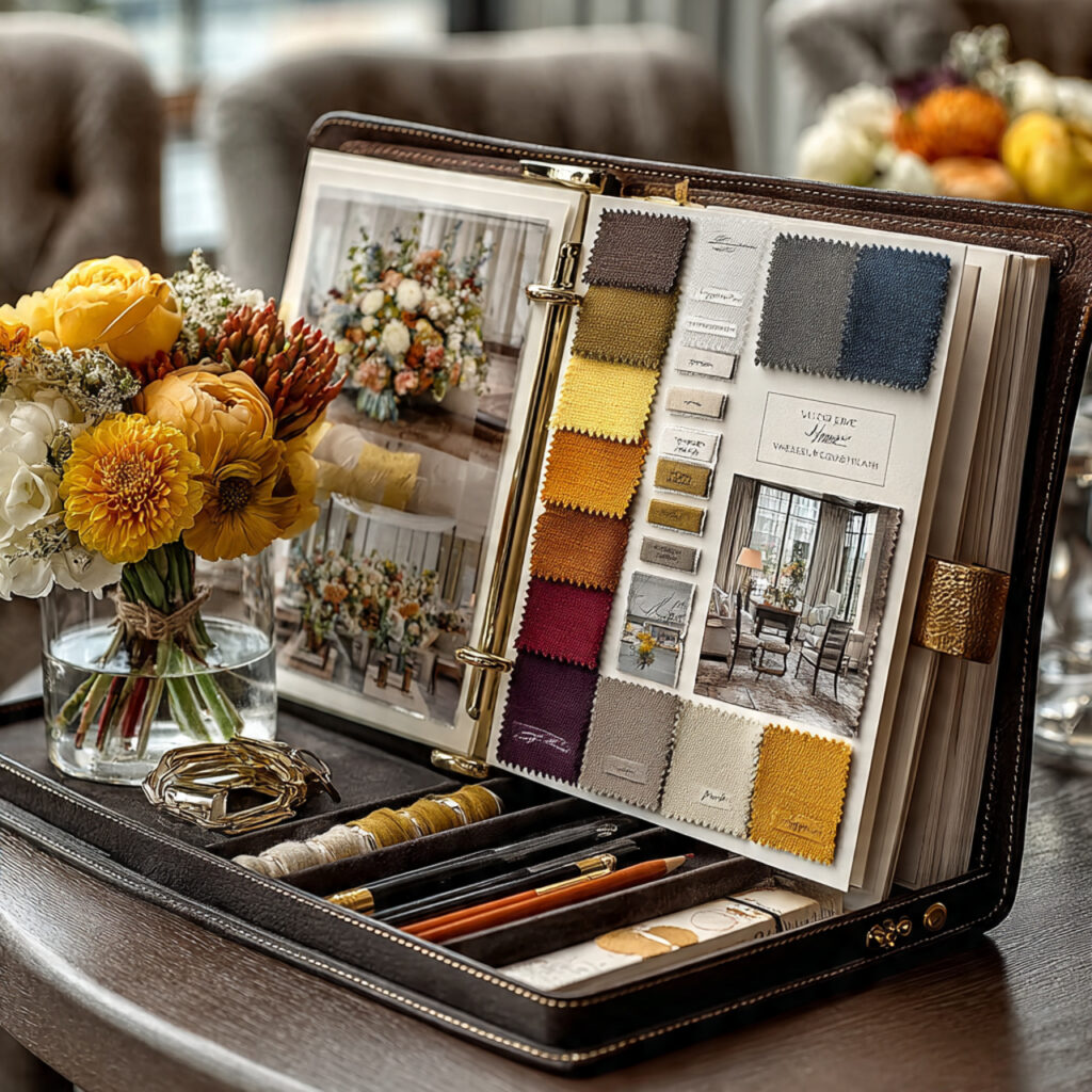 mood board in a wedding binder featuring