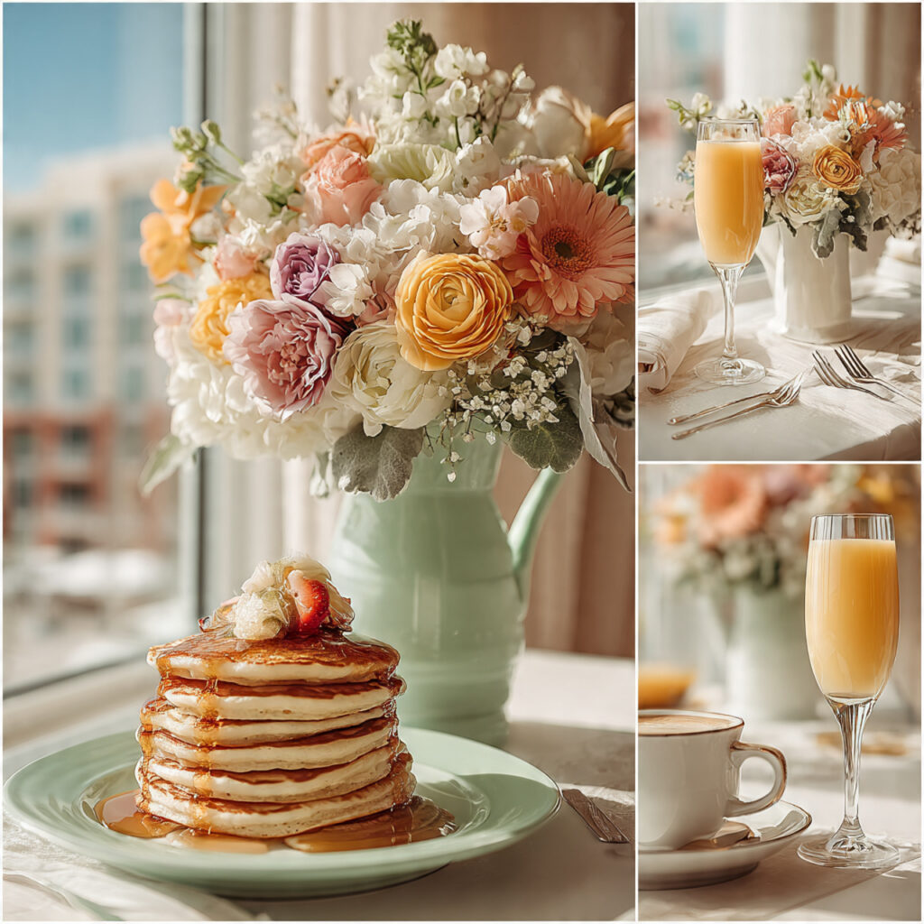 morning brunch engagement party mimosas pancakes pastel