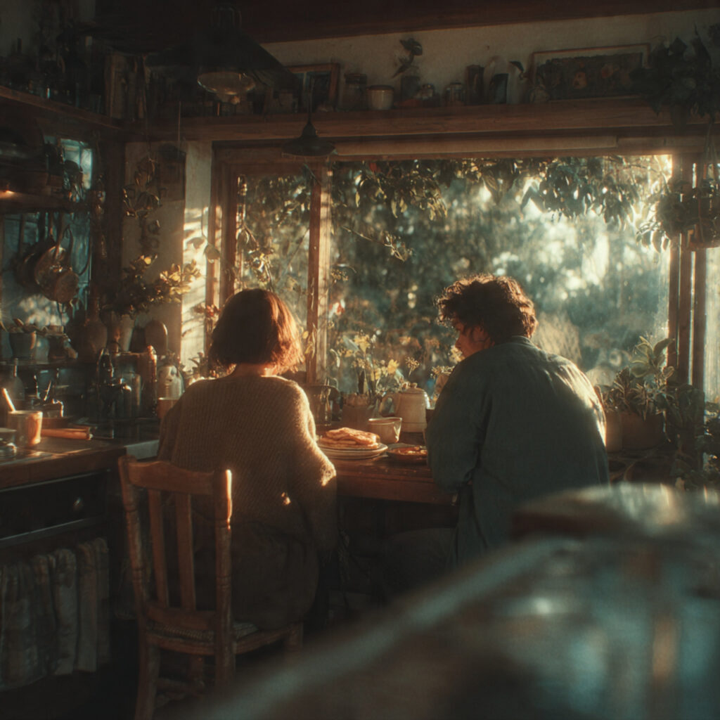 morning sunlight in cozy kitchen couple having