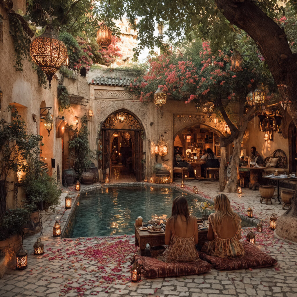 moroccan riad courtyard with rose petals mosaic
