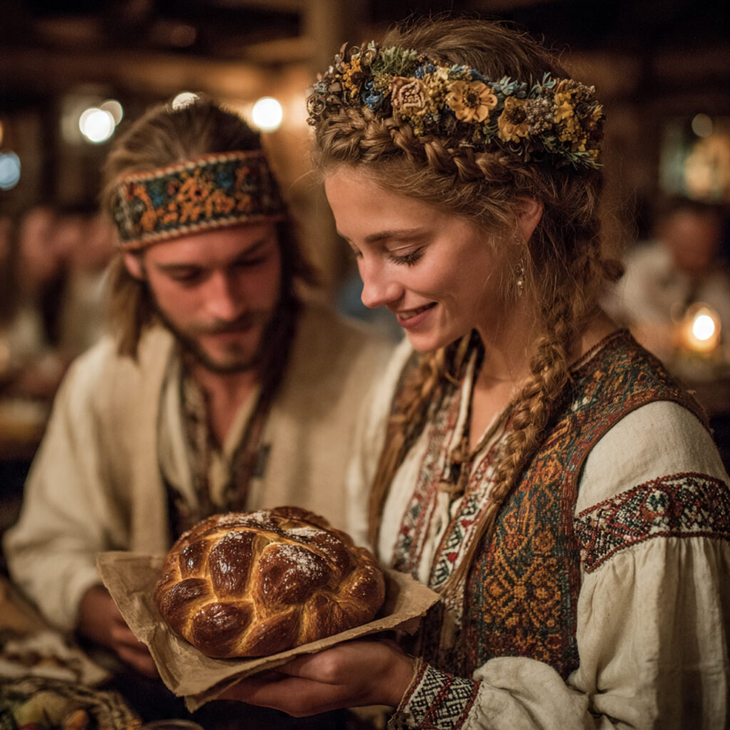 mother passing a braided decorated loaf to