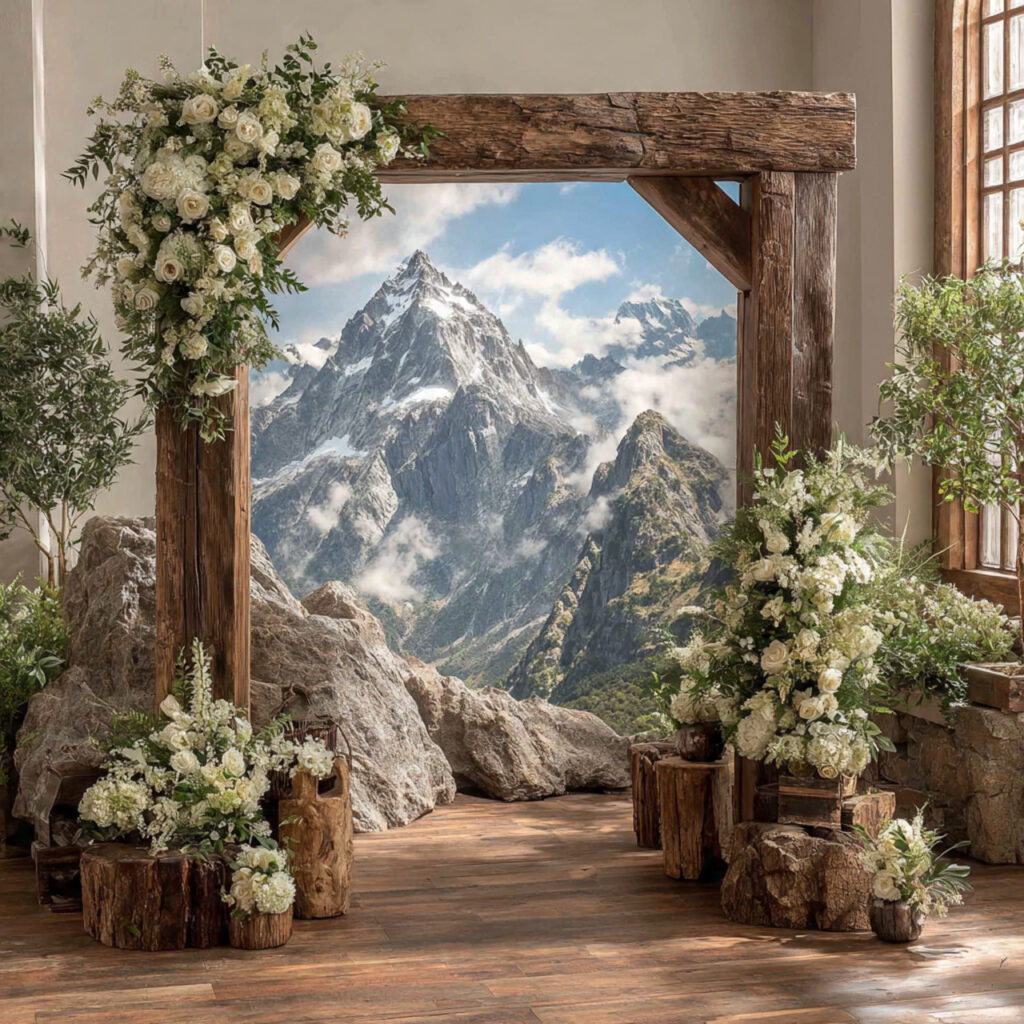 mountain peak wedding backdrop simple wooden frame 1