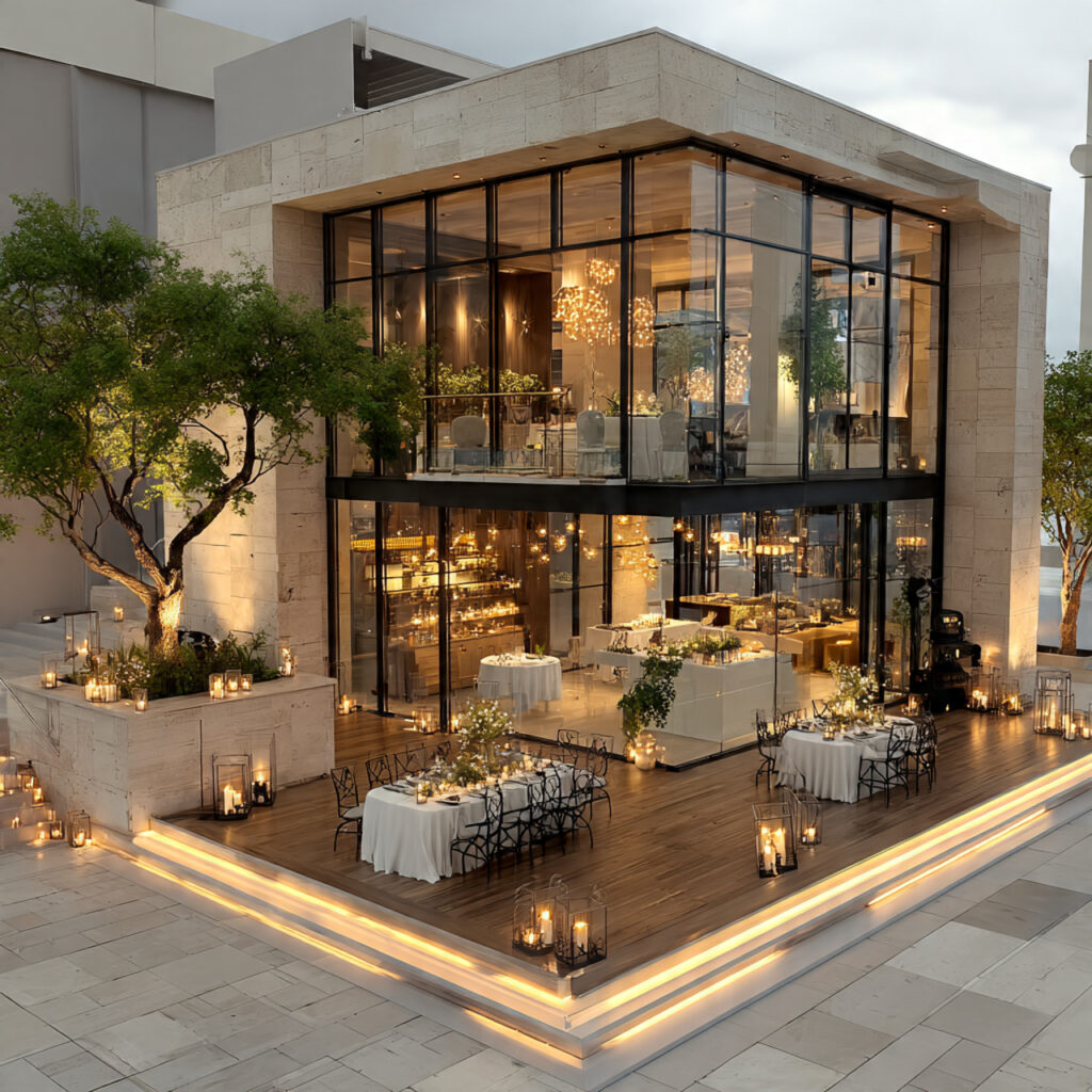 multi level restaurant wedding reception cocktail hour on