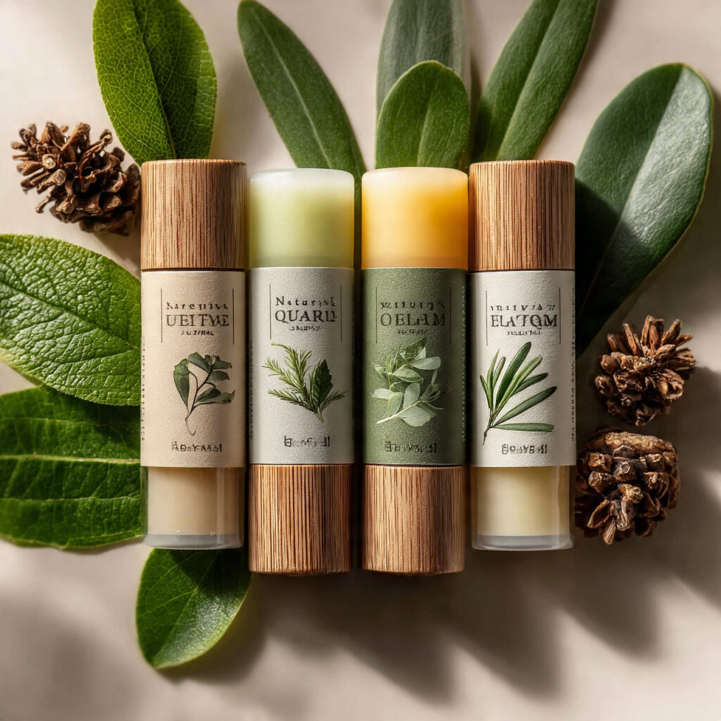 natural lip balm tubes with botanical ingredients
