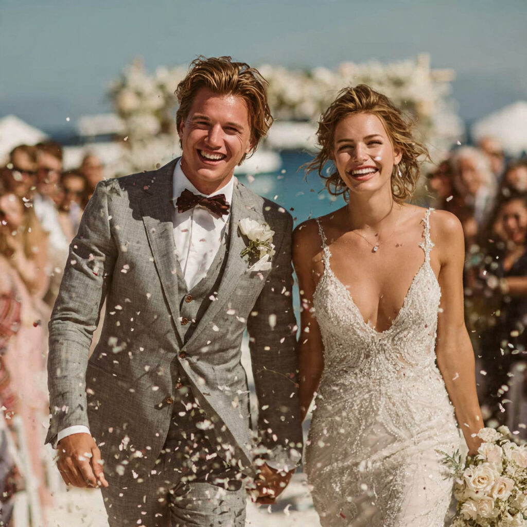 newlyweds walking back up the aisle with