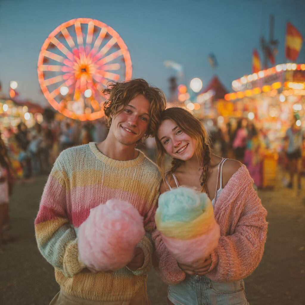 night carnival scene with couple holding cotton