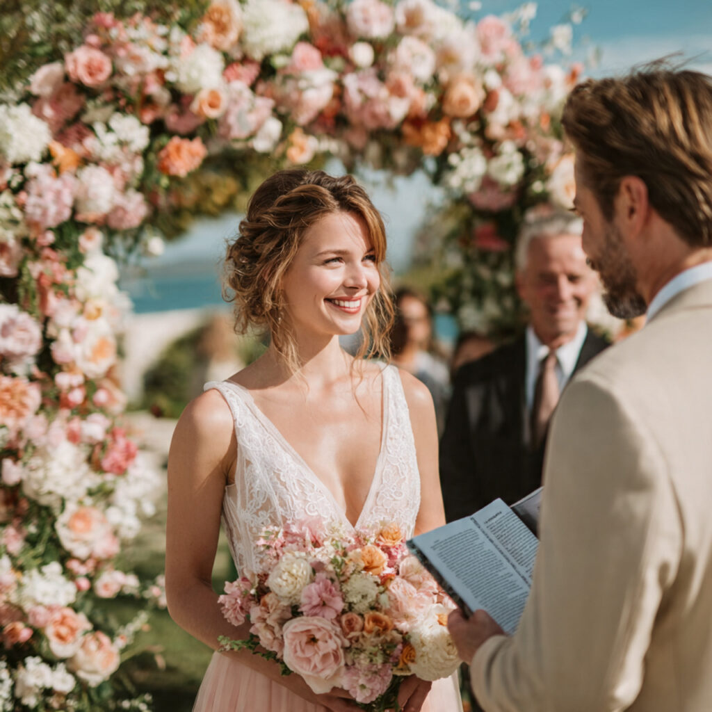 officiant in pastel colored dress or suit light