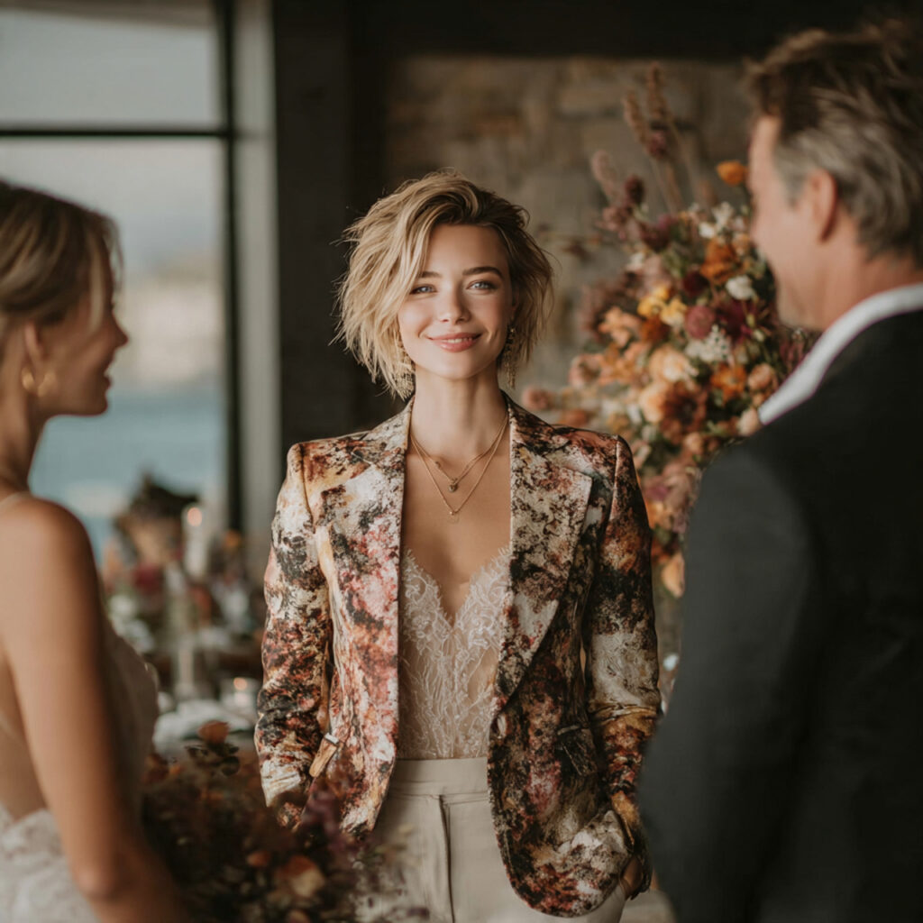 officiant wearing a bold statement blazer over