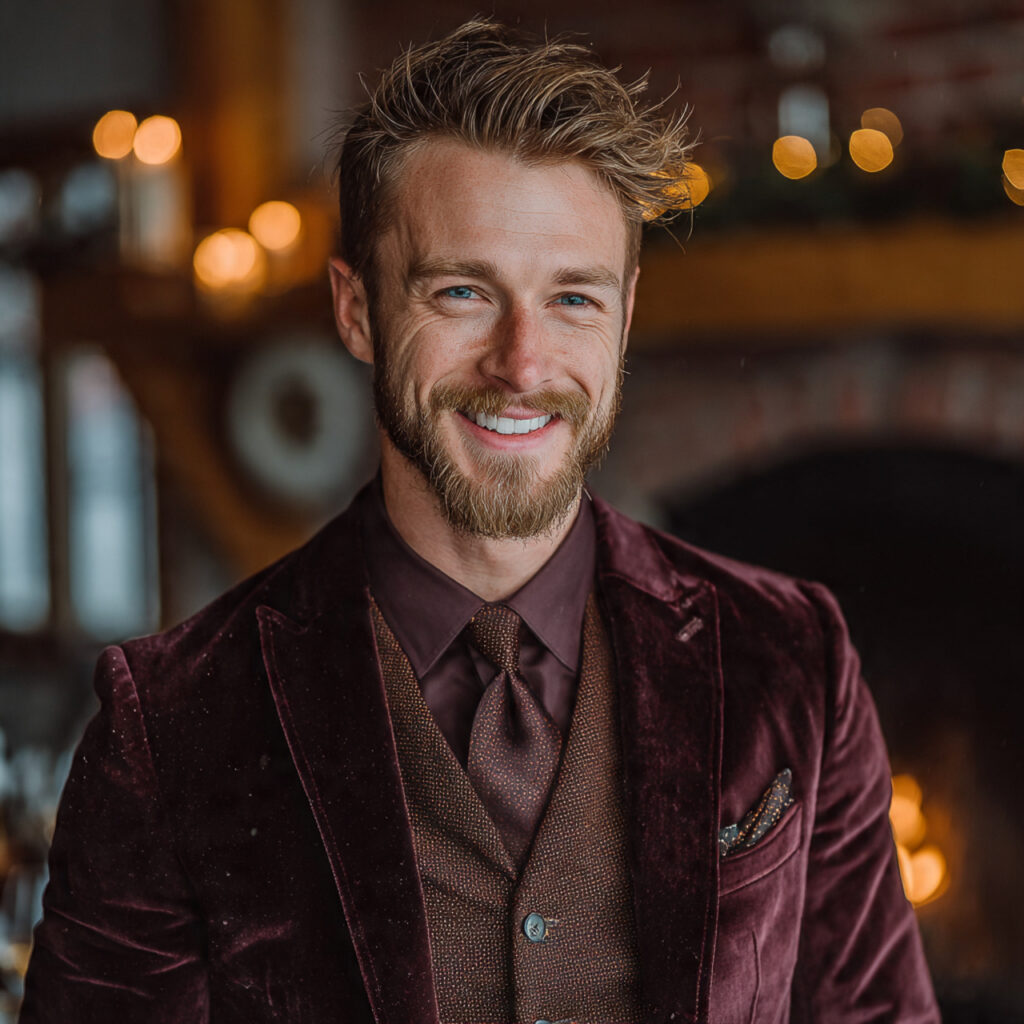 officiant wearing a deep burgundy velvet blazer