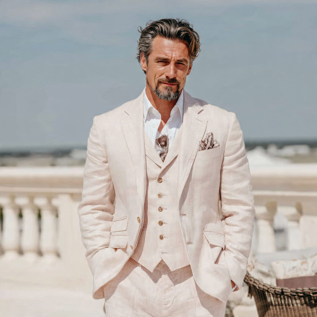 officiant wearing a lightweight suit without tie