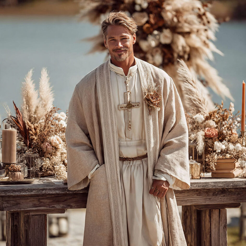 officiant wearing a simple ceremonial robe in