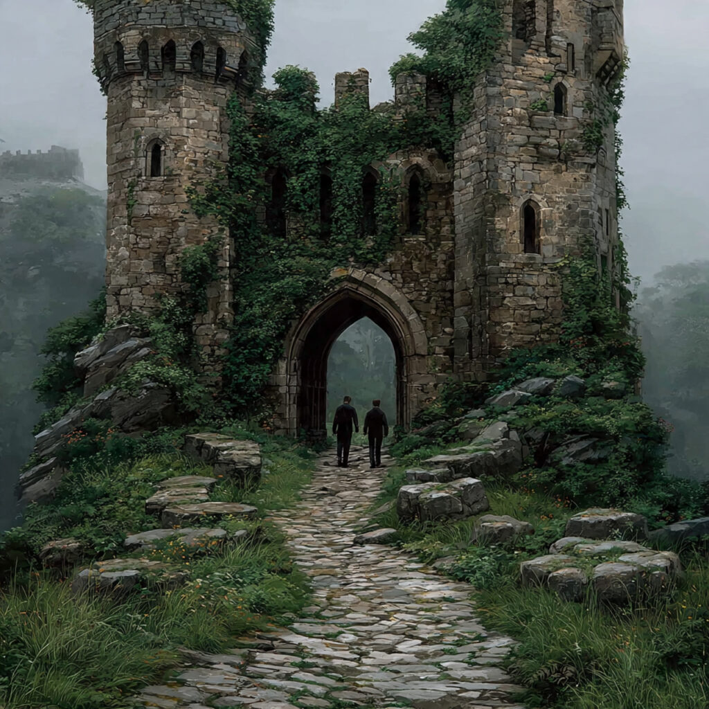 old castle ruins with ivy couple walking