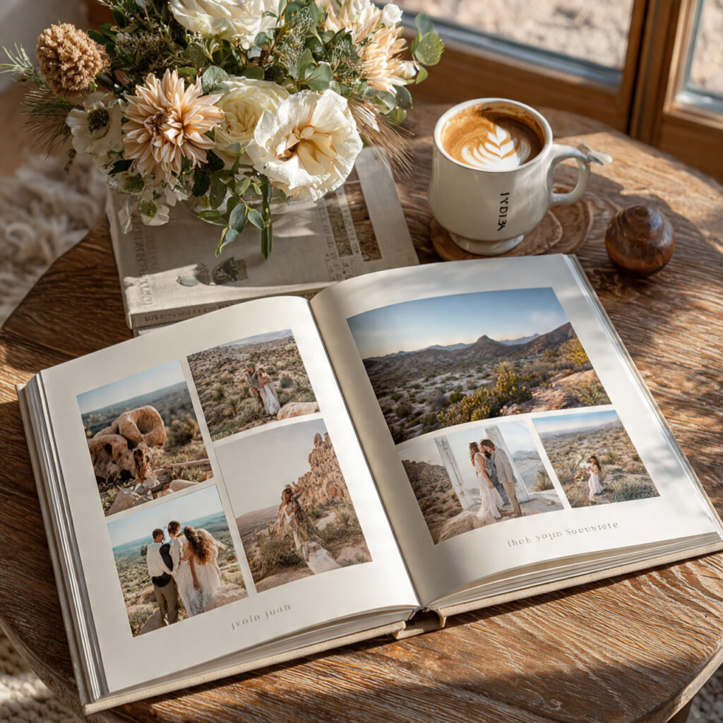 open photo book on a wooden table