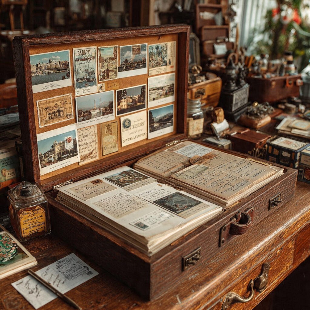 open scrapbook with wooden cover filled with