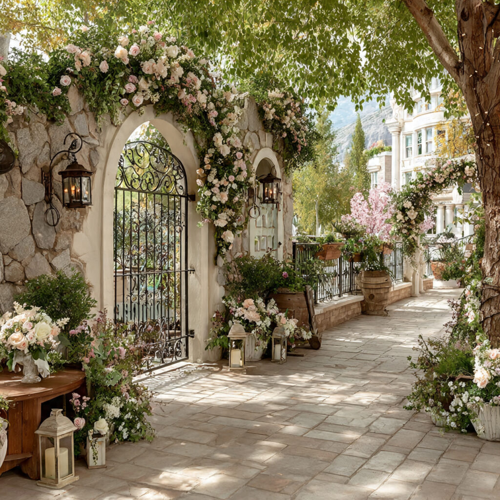 ornate iron garden gate used as wedding