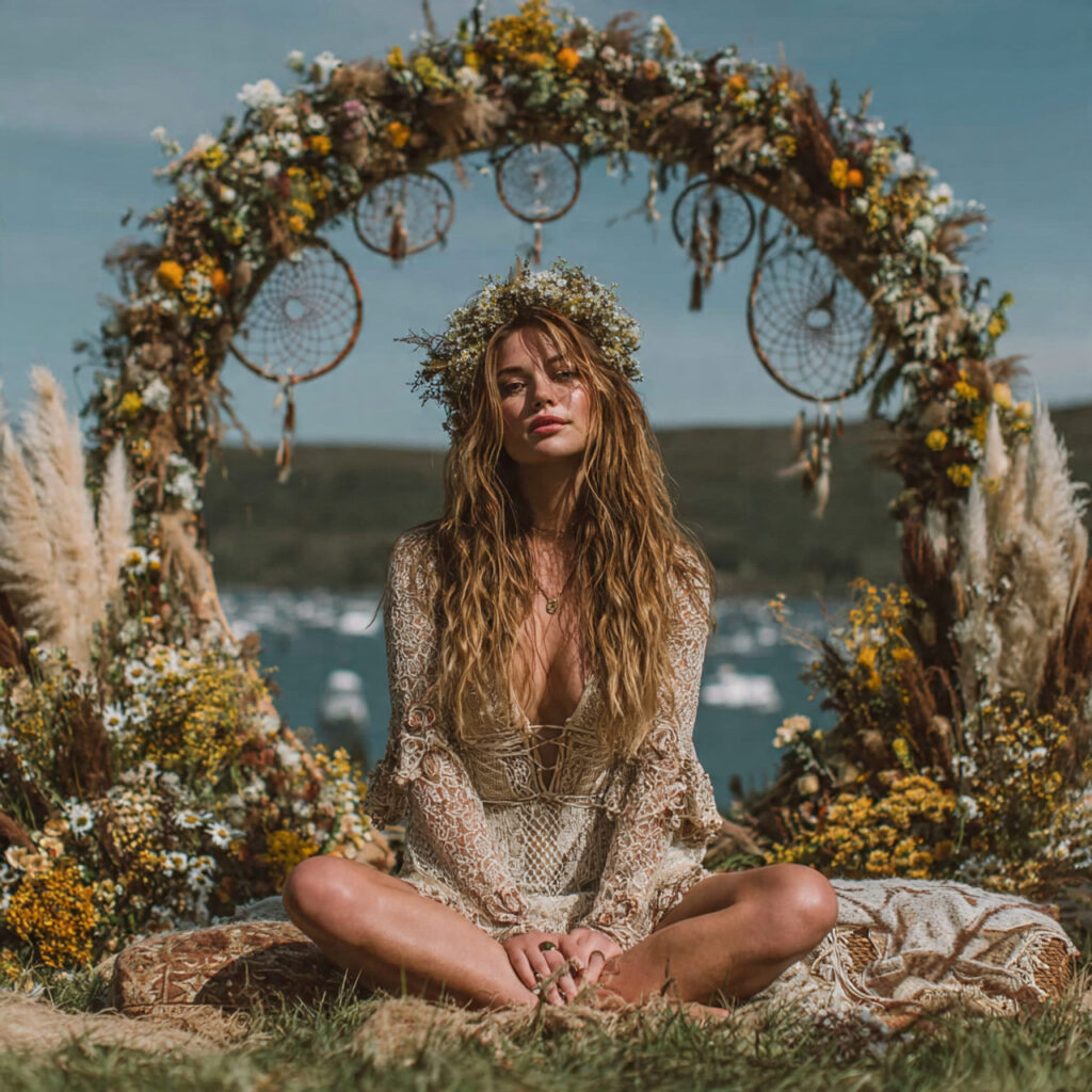 outdoor boho wedding setup with wildflowers dreamcatchers