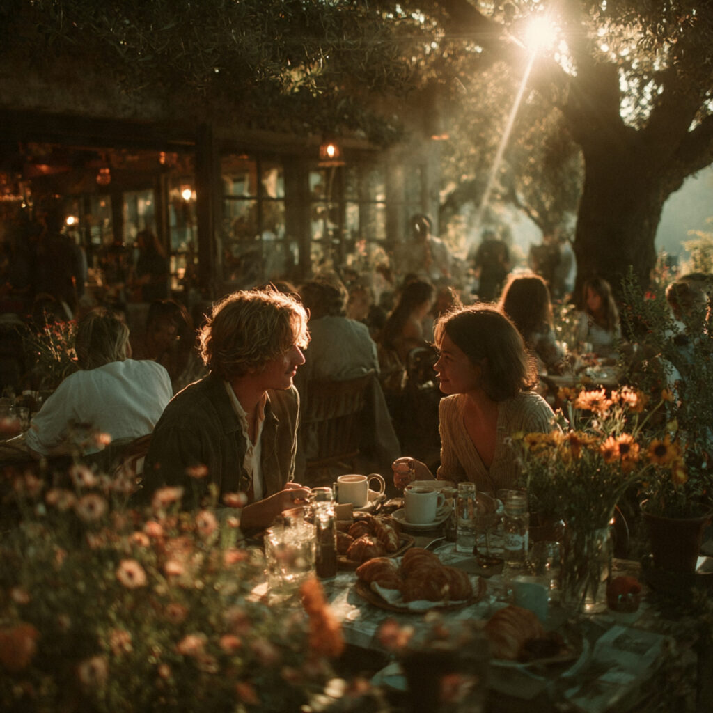 outdoor brunch scene with coffee pastries and